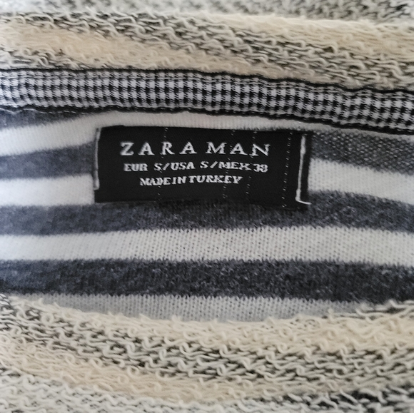 Zara Man Rare Blue Ivory Striped Long Sleeve Cotton Terry Graphic Tee Size Small - Picture 12 of 13
